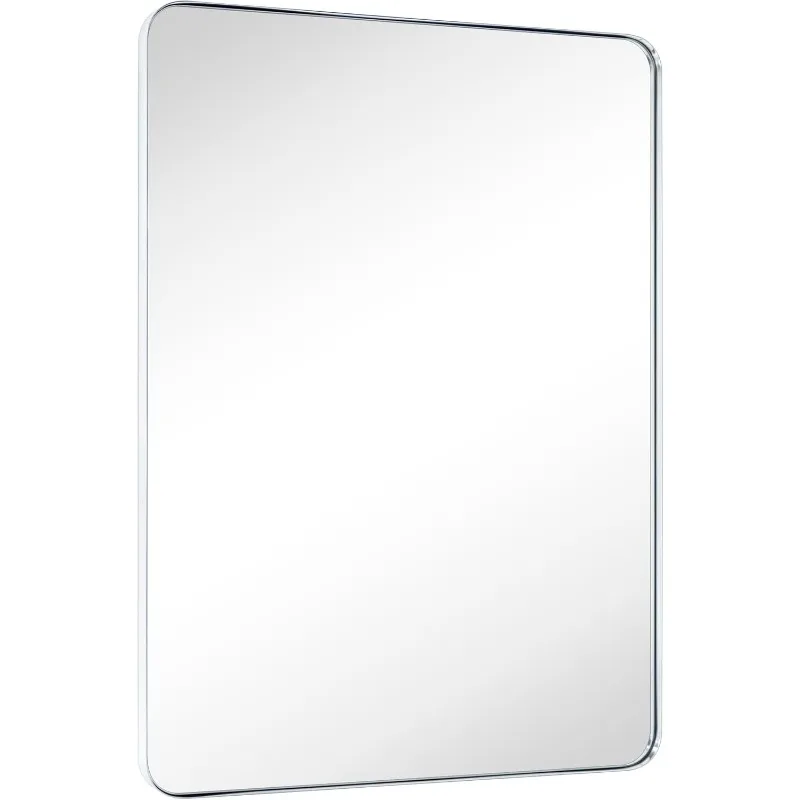 30 x 40'' Chrome Rectangle Bathroom Vanity Mirror for Wall Polished Silver Metal Framed Rounded Rectangular Bathroom Vanity