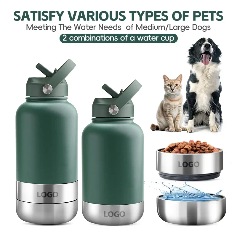 Stainless Steel Insulated Water Bottle Portable Dog Travel Water Bottle with Two Detachable Water Food Bowls