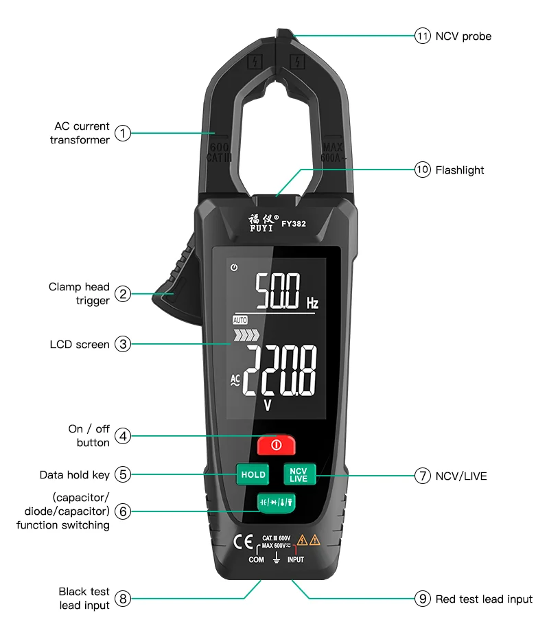 Mastfuyi FY382 True RMS 9999 Counts Temperature Tester AC Voltage Current Detector digital clamp meters multimeters