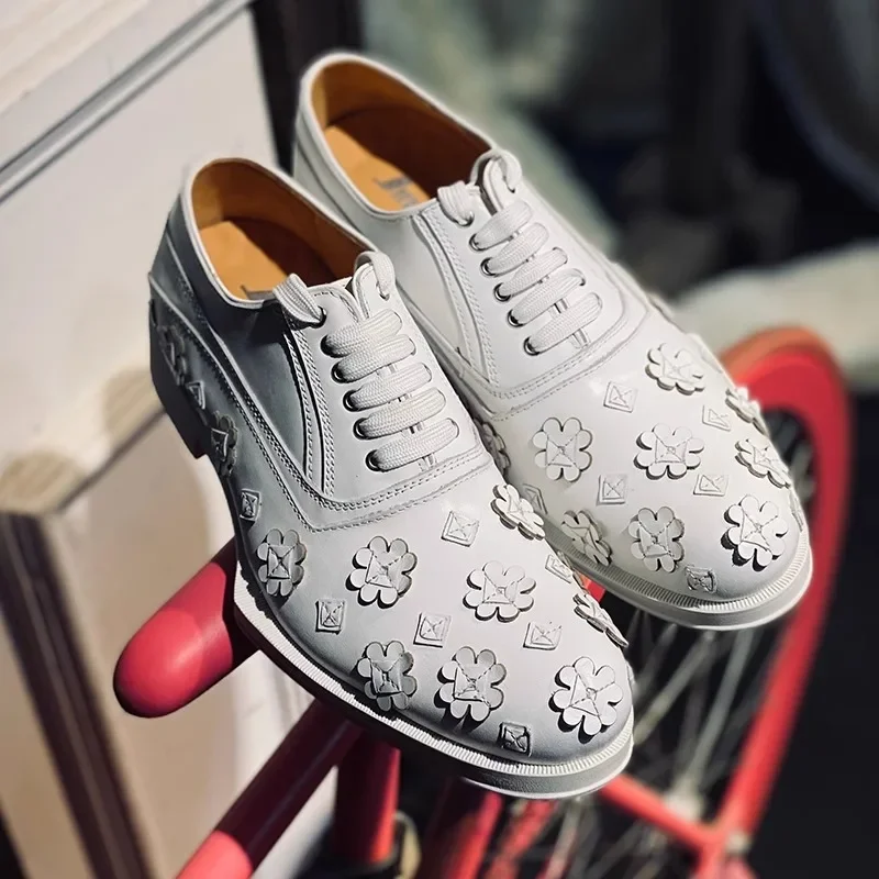 

New White Cherry Blossom Fashion Design Lace Men's Business Dress Shoes Genuine Leather Cowhide British Style Casual Shoes