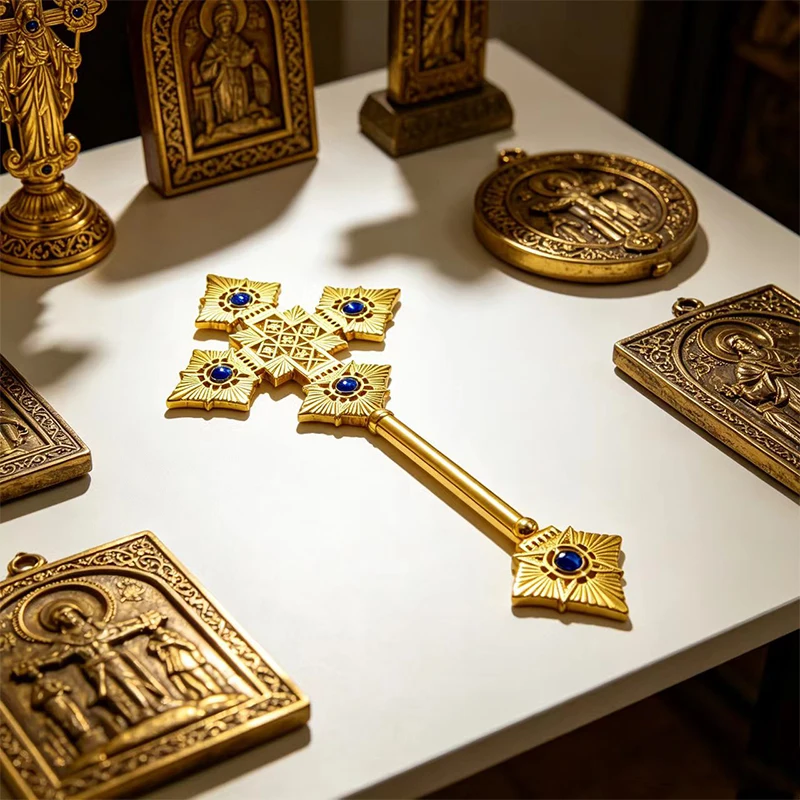 New Ornate Gold Metal Orthodox Hand Cross with Icons and Gems Byzantine Priest Blessing Crucifix Altar Decor Christian Gift Set