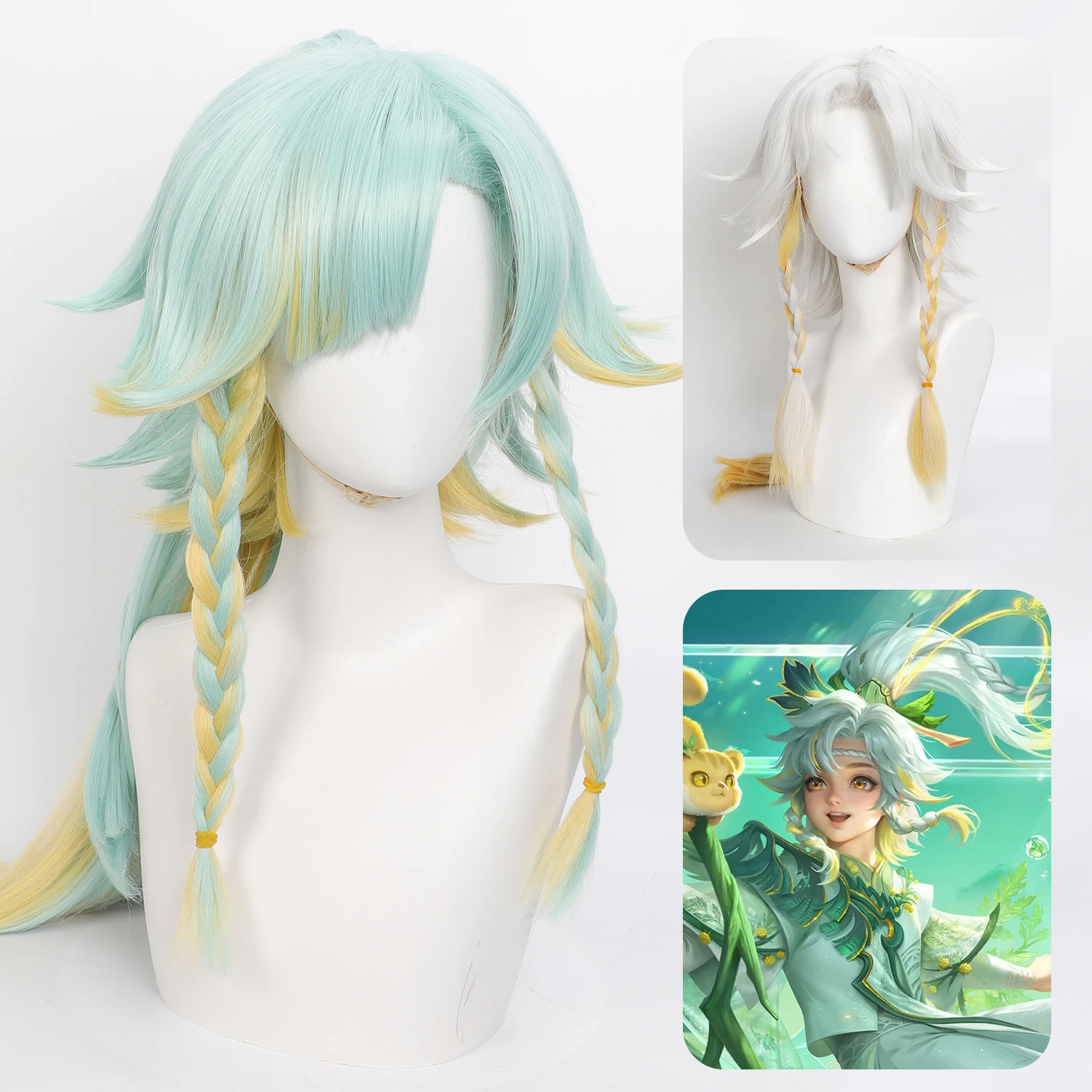 Honor of Kings Sangqi Mint Green/White Gradient Double Braids Separate Ponytail Heat Resistant Synthetic Hair Game Cosplay Wig