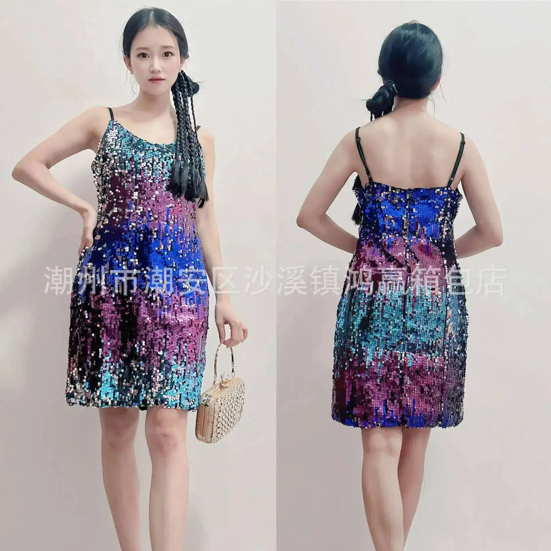 Hip Wrap Dress Women's Strap Sequins Large Sexy Party Evening Dress Short Dress Latin Dance Clothes