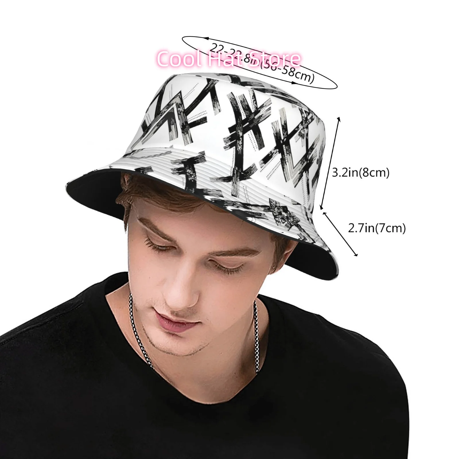 This Unisex Outdoor Sun Hat Features a Fully Printed Black And White Abstract Cross Pattern, Making It a Stylish Bucket Hat Idea