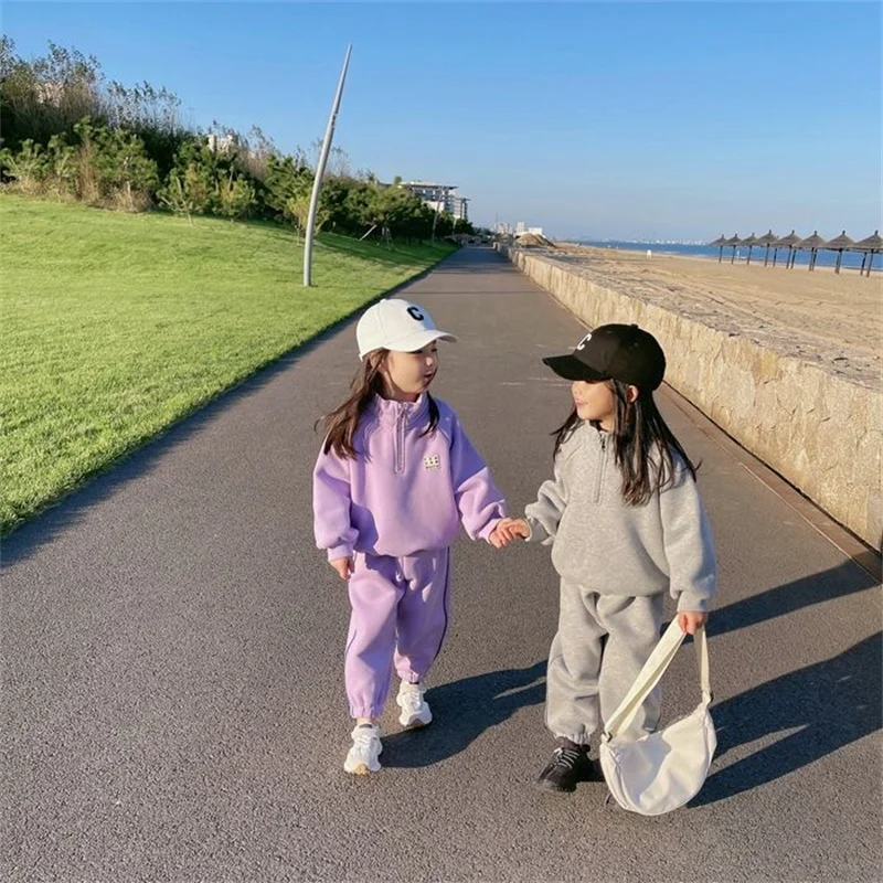 Girls Sweatshirts +Pants Kids Suits 2PCS/Set 2023 Violet Spring Autumn Cotton Teenagers Tracksuit Children Clothing