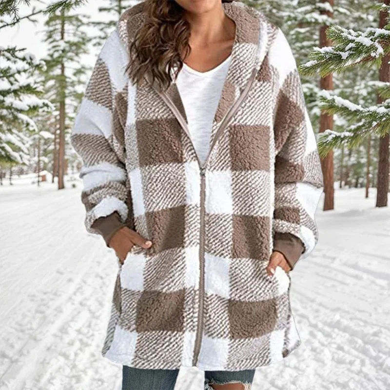 2024 Winter Warm Long Sleeve Plaid Pocket Women Jackets Plush Zip Hooded Cold Resistance Jacket Loose Patchwork Woman Clothing