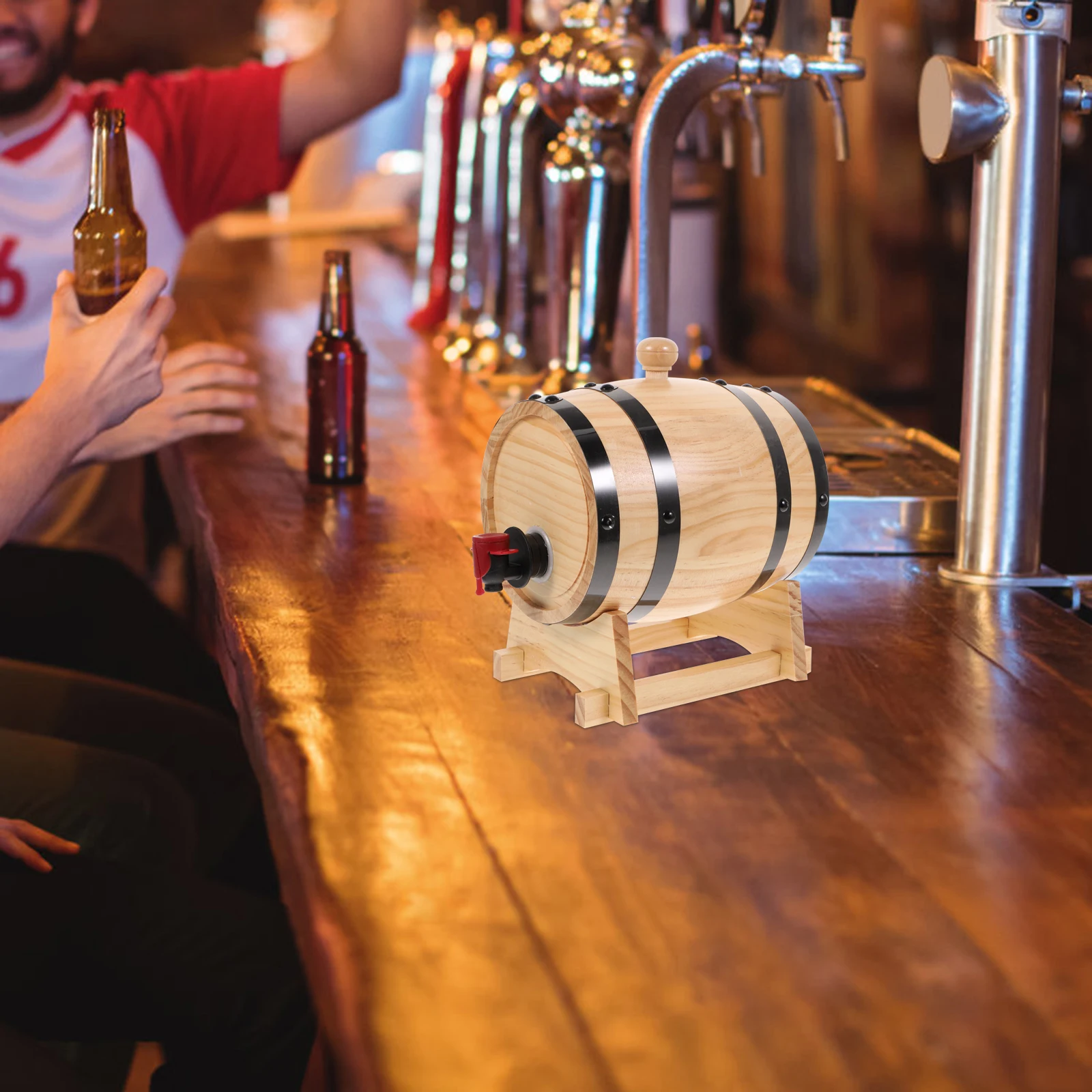 

Wooden Wine Barrel Set Red Finish Handcrafted Beer Storage Bucket For Bar Home Decor Practical Wood Container Bucket