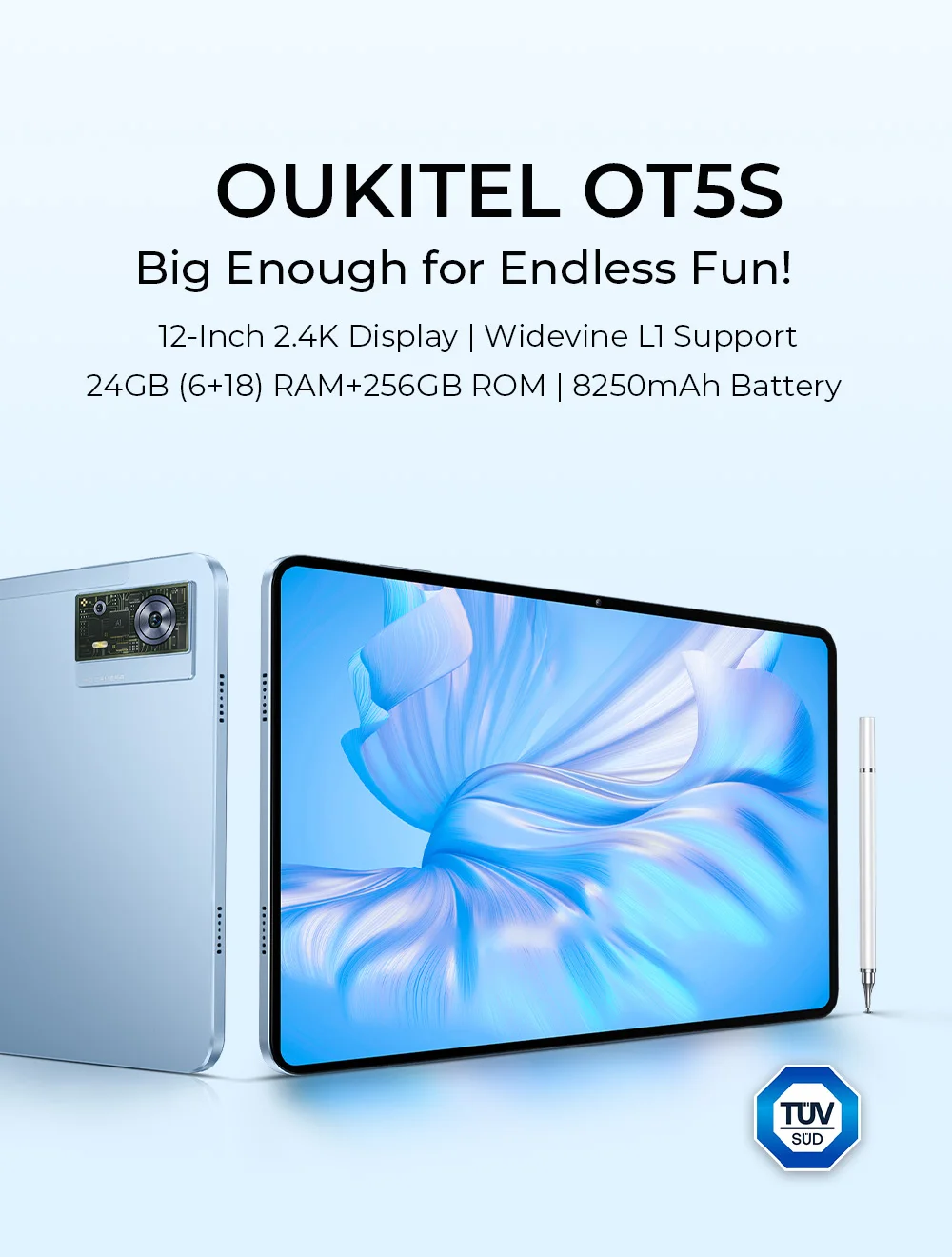 OUKITEL OT5S Android 14 Tablet - 12 Inch 2K Display, 24GB+256GB, 8250mAh, 16MP/4G Dual SIM/5G WiFi/TÜV/GPS/Includes Pen and Case