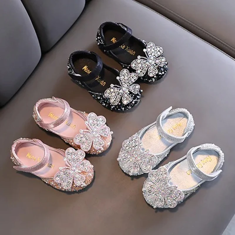 

Girl Spring Summer New Single Shoes Children Princess Rhinestone Leather Shoes Woman Crystal Butterfly Sequins Pearl Dance Shoes