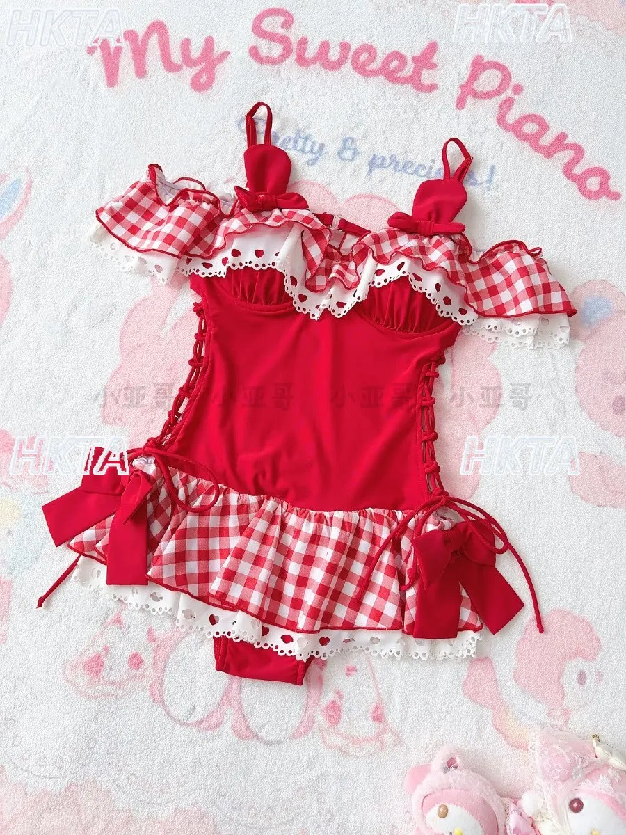 Japanese Sweet Red Plaid One-piece Swimsuit Women's Bow Ruffle Edge Sling Swimsuit Bikini Summer Winter Hot Spring Swimwear