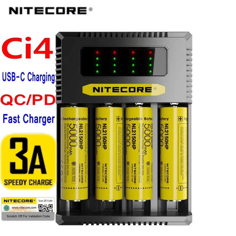 NITECORE CI4 battery charger CI2 Intelligent Faster Charging with 4 Slots Compatible 1865018350 AA, AAA, USB QC battery charger