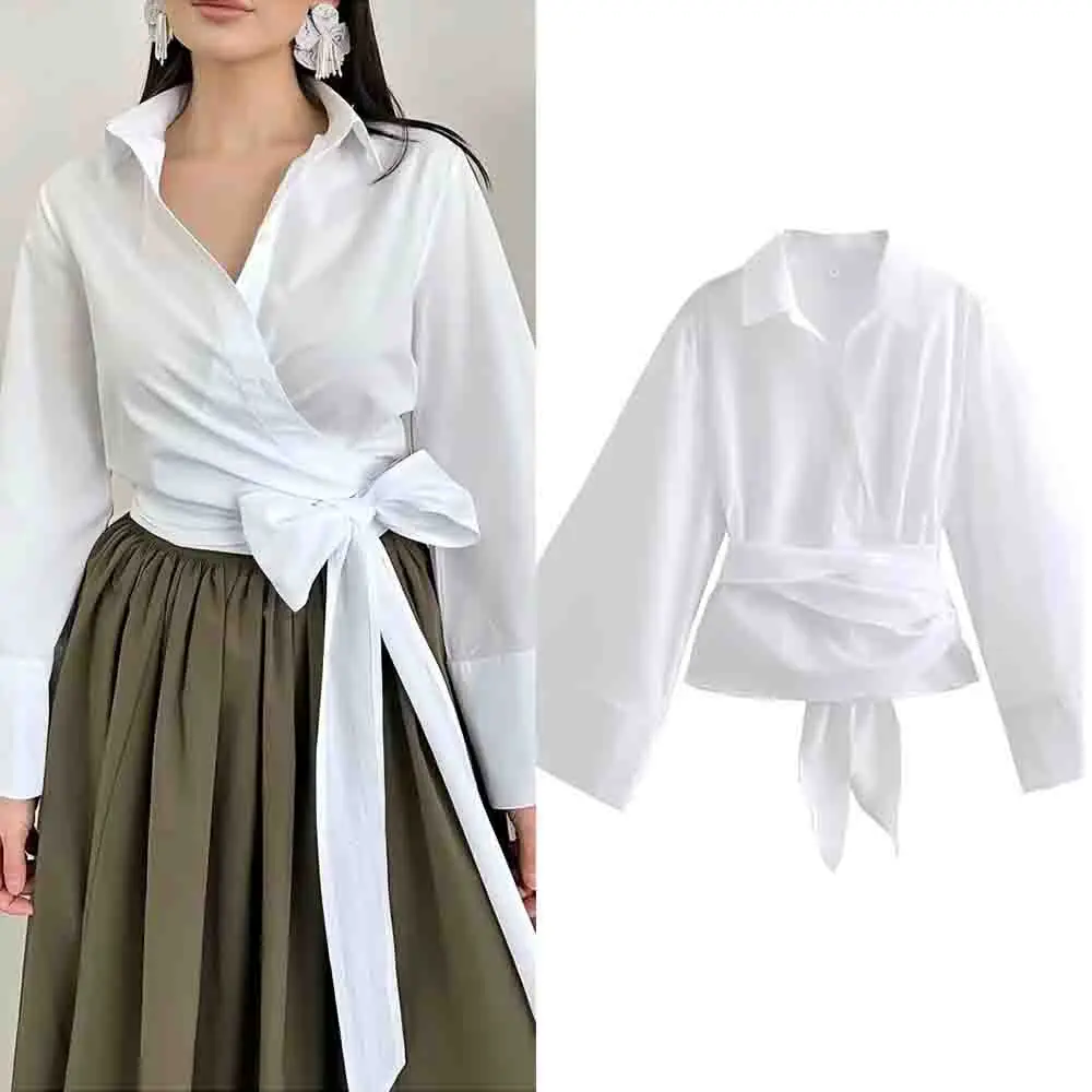 

Women's new fashion bow belt decoration short single breasted poplin shirt retro long sleeved women's shirt chic top