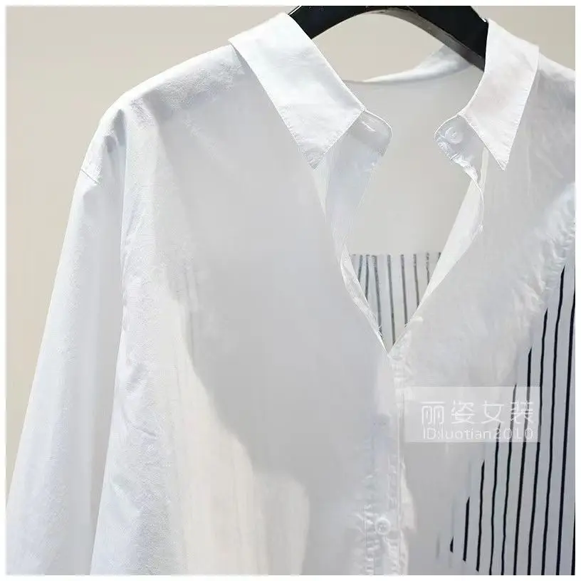 White Patchwork Striped Women Shirt 2025 Spring New Long Sleeved Loose Cotton Cardigan Top