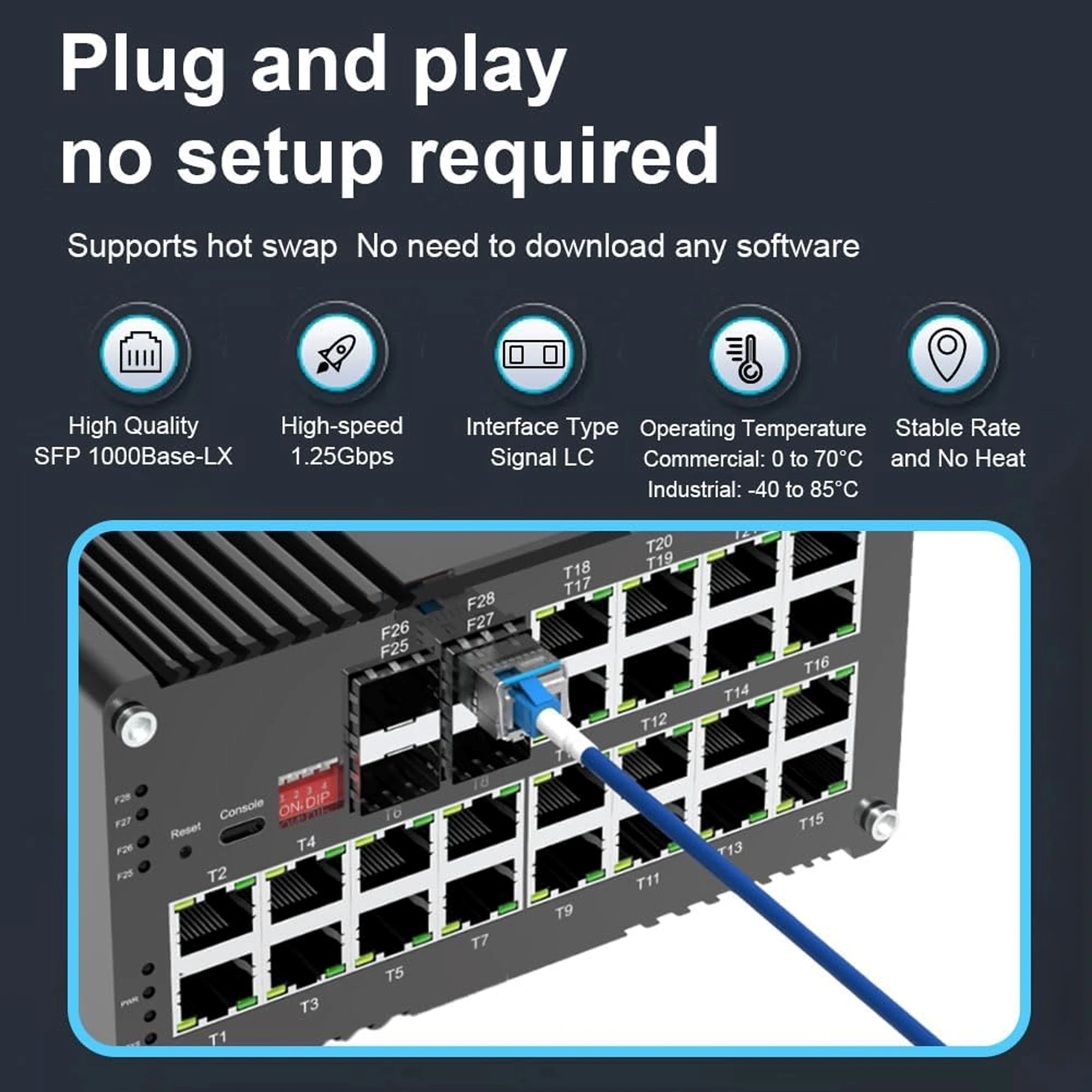 1.25Gbps Single-Mode LC Module SFP Bi-Directional Transceiver, 20km Reach,1310nm TX/1550nm RX,1550nm TX/1310nm RX,DDM Support