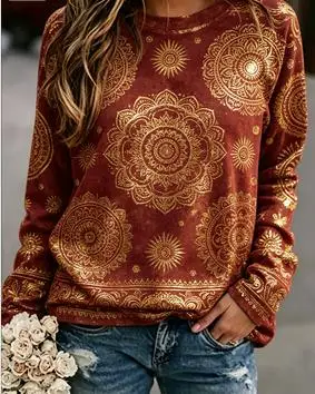 Women's Boho Mandala Sweatshirt Cream Bleached Brown Print Long Sleeve Round Neck Top