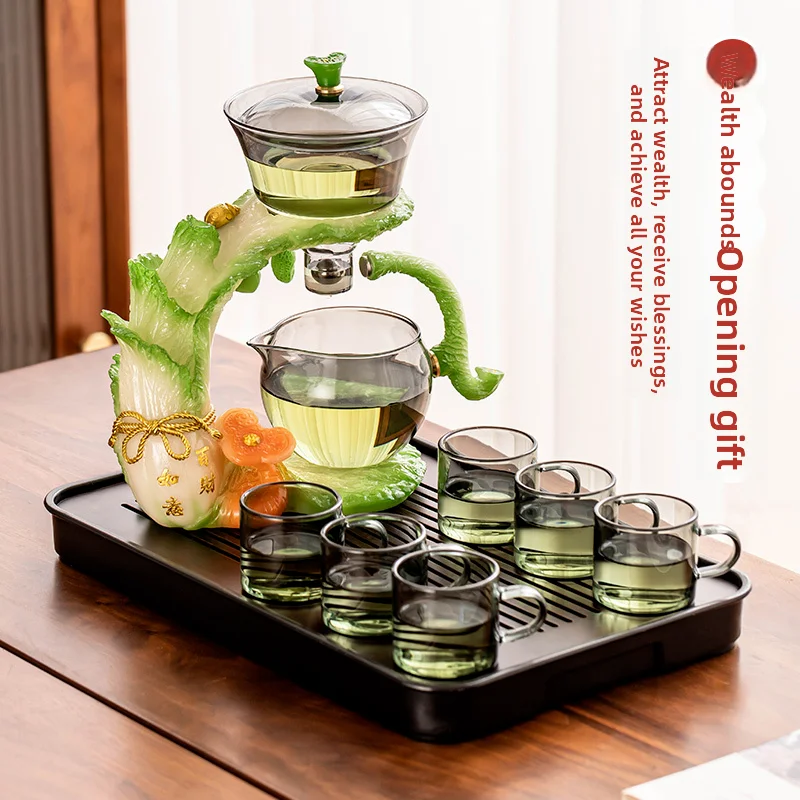 Glass Tea Set Fortune Cabbage Magnetic Self Brewing Teapot Gift Box