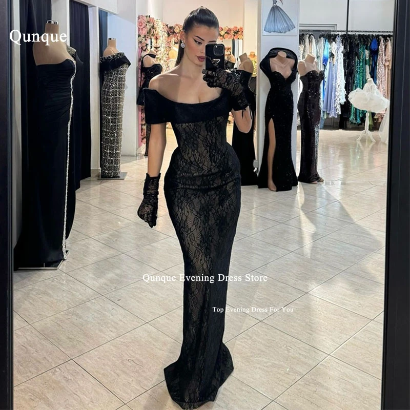

Qunque Sexy Black Lace Prom Mermaid Dresses Illusion Off Shoulder Evening Dresses Vestidos De Noche Largos De Fiesta Customized
