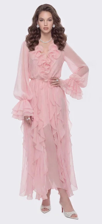 Romantic Pink V Neck Chiffon Gown, Multi-Layer Ruffle Bell Sleeve Boho Maxi Dress