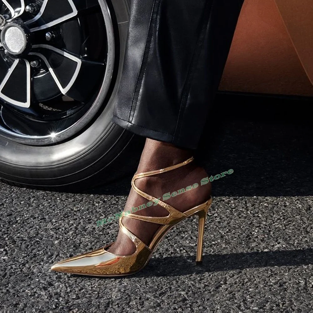 

Золотые сандалии с острым носком, ремешки с пряжками, новые летние сандалии с перекрестной завязкой, женская пикантная обувь на тонком высоком каблуке, однотонная блестящая кожаная вечеринка