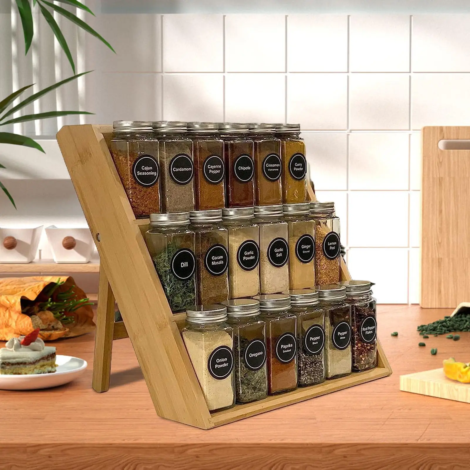 

Seasoning Organizer Rack 3-Tier Wood Perfume Stand Kitchen Tool anti-slip Space-Saving Dessert Storage Rack for Cosmetics