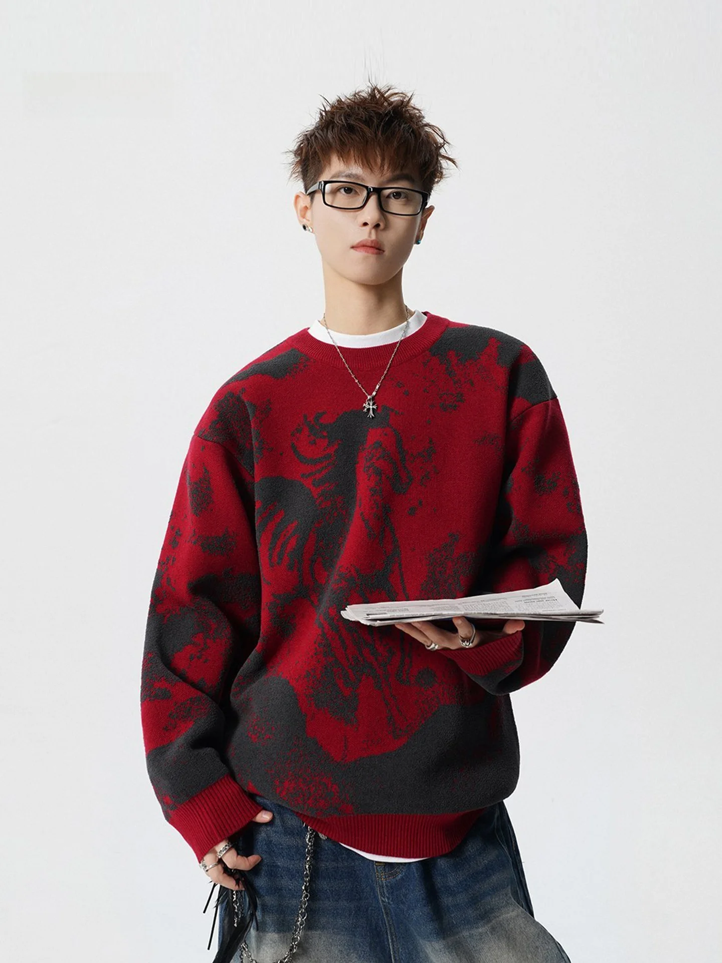 

Red Thiened Sweater Men's Autumn Winter American Retro Lazy High-End Inner Wear Luy Year Base irt Casual Sle Long Sve
