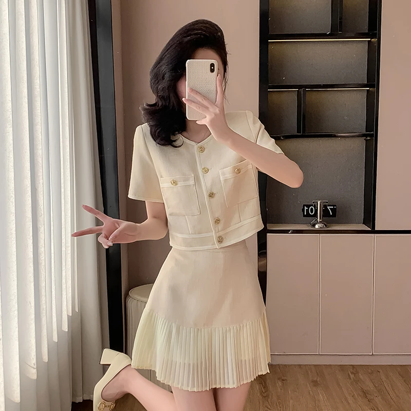 

Office Lady Suit Women's Summer Chiffon O-neck Short-sleeved Coat High Waist A-line Skirt Two-piece Set Fashion Female Clothes