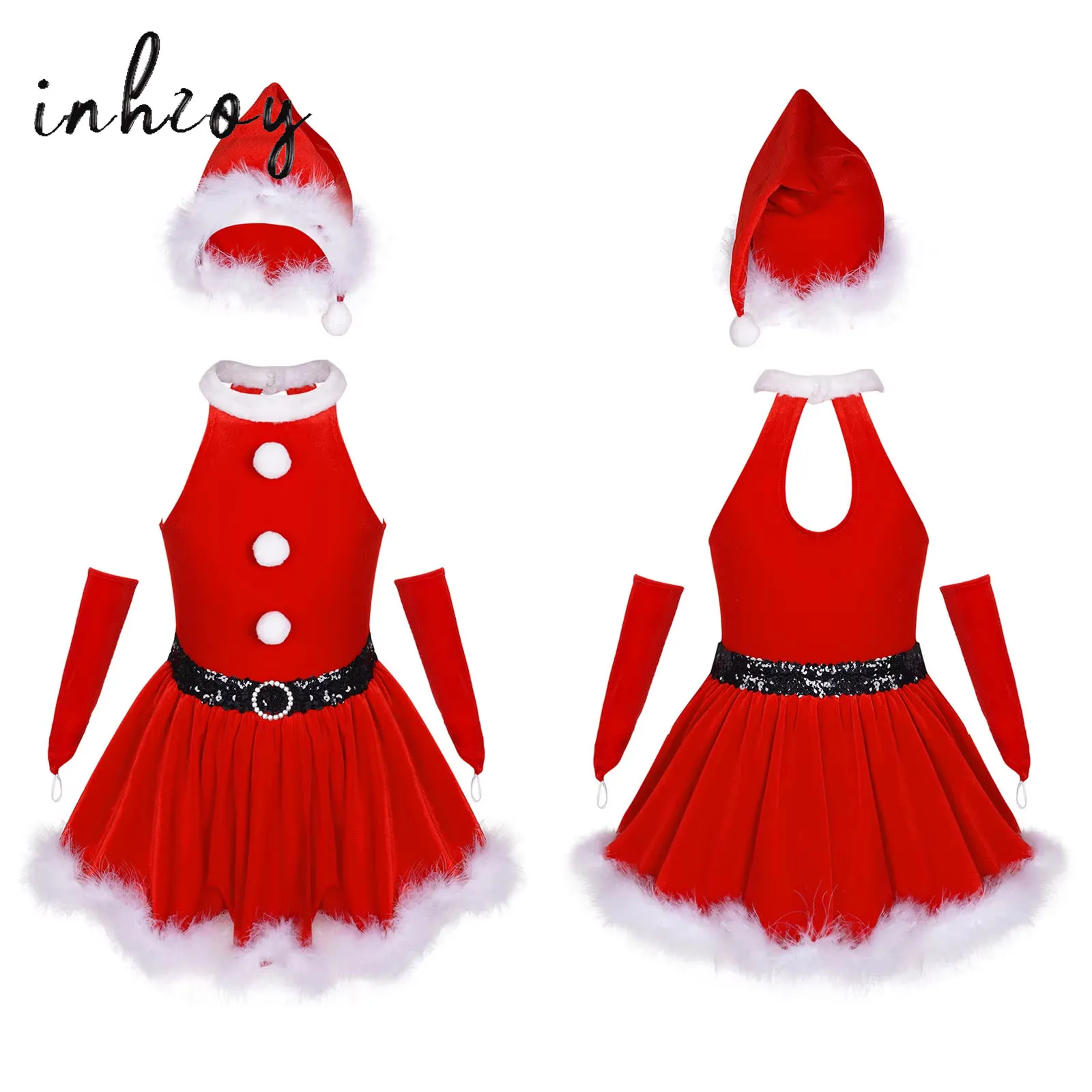 

Girls Red Velvet Christmas Dance Outfits Feather Trim Ballet Tutu Leotard Dress Xmas Party Mrs Santa Claus Costume Dance Suit