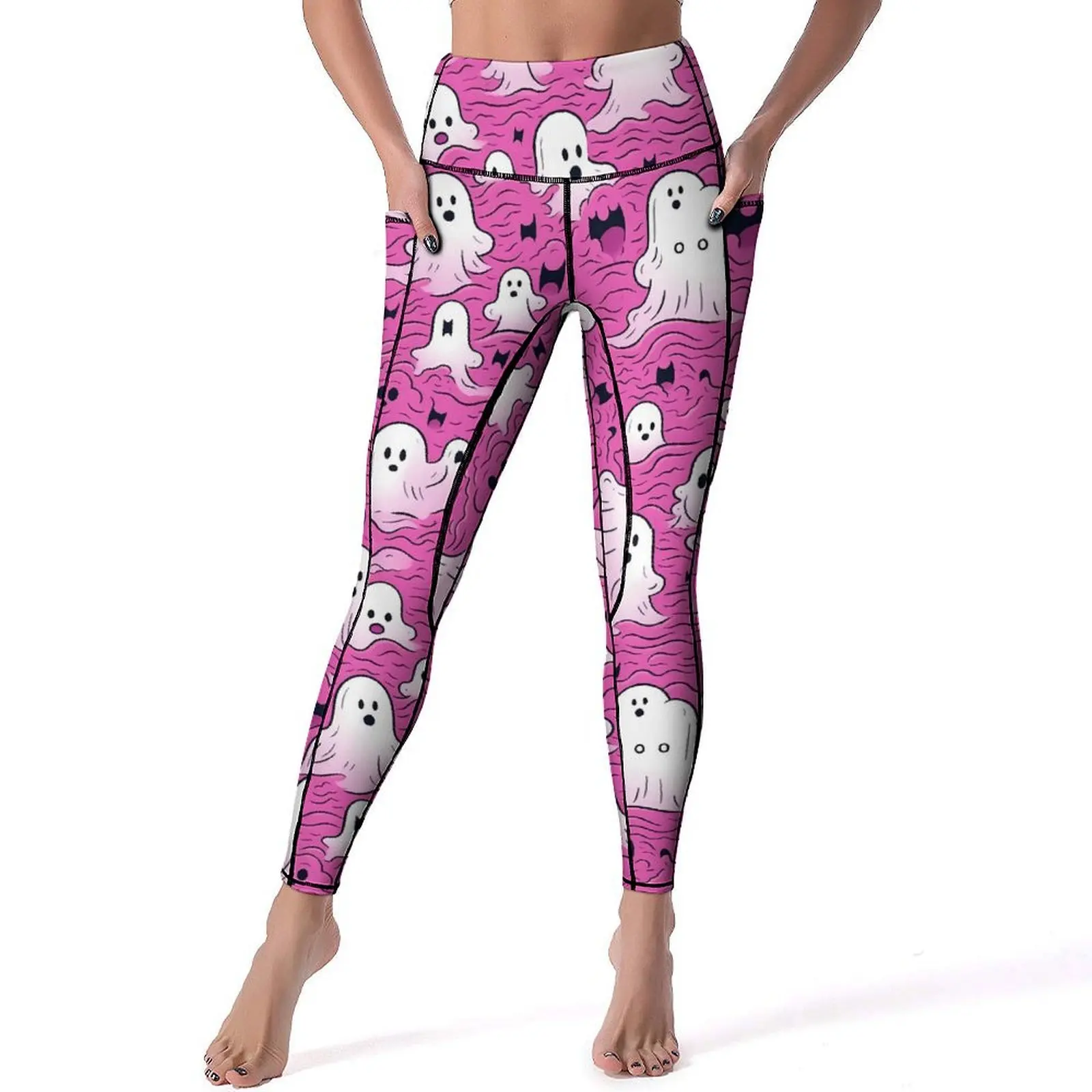 

Pink Ghost Yoga Pants Pockets Funny Halloween Print Leggings Sexy High Waist Vintage Yoga Sports Tights Stretch Running Leggins