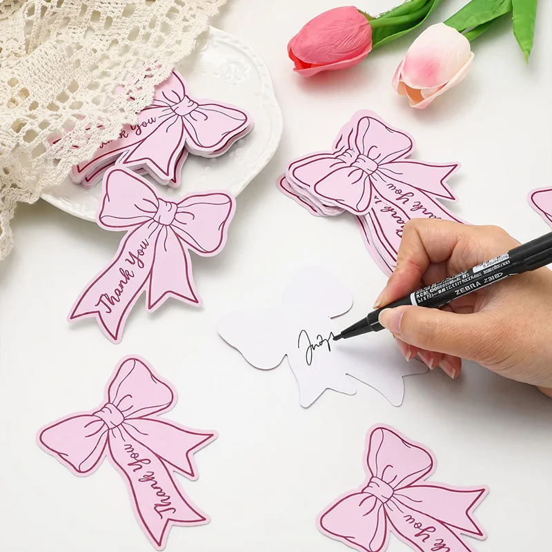 50pc Pink Bow Shape Paper Cards Elegant Thank You Print Gift Tag Baby Shower Birthday Wedding Party Favors DIY Gift Decor Labels