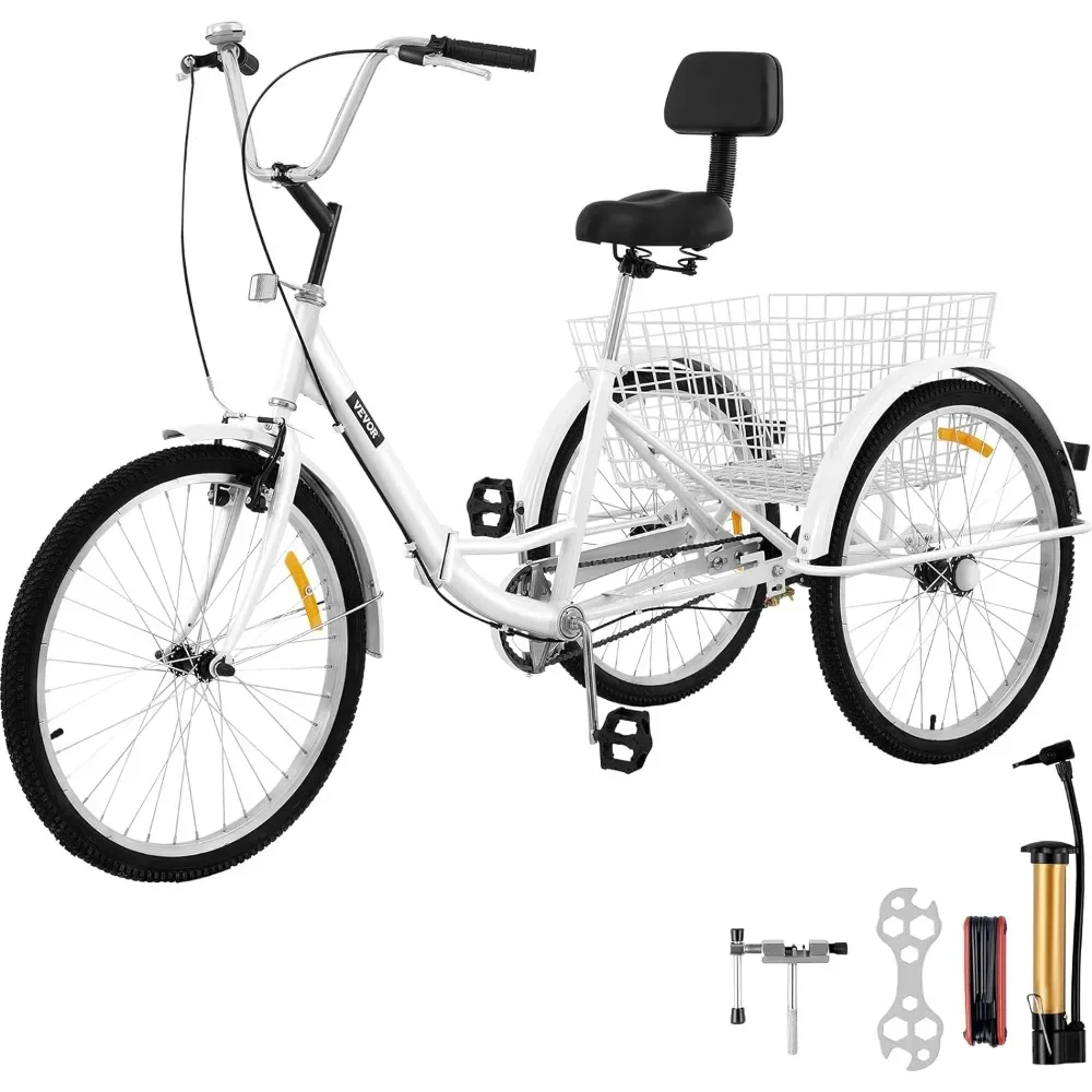 2024 Bkisy Tricycle Adult 24'' Wheels Adult Tricycle 1-Speed 3 Wheel Bikes White for Adults Three Wheel Bike