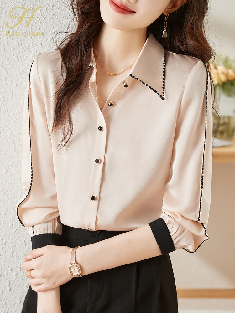 H Han Queen Korean Autumn Blusas Women Vintage Satin Colorblock Tops Chiffon Long Sleeve Casual Blouse Work Wear Office Shirts