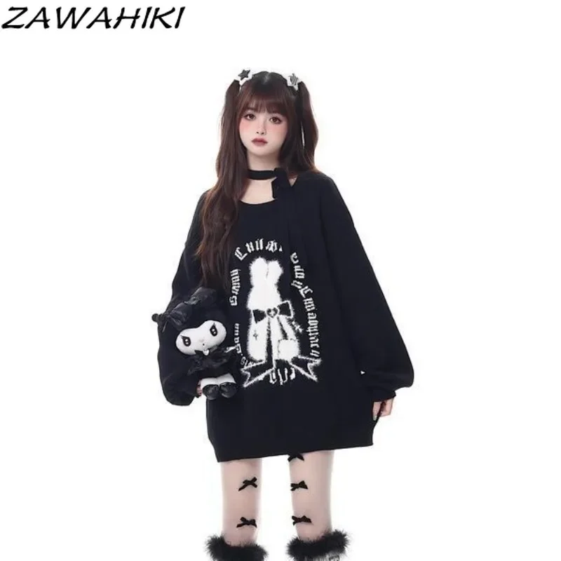 ZAWAHIKI Sueter Mujer Fall Winter Letter Cartoon Loose Vintage Long Lantern Sleeve Fashion Japanese Sweet O-neck Sweater Women