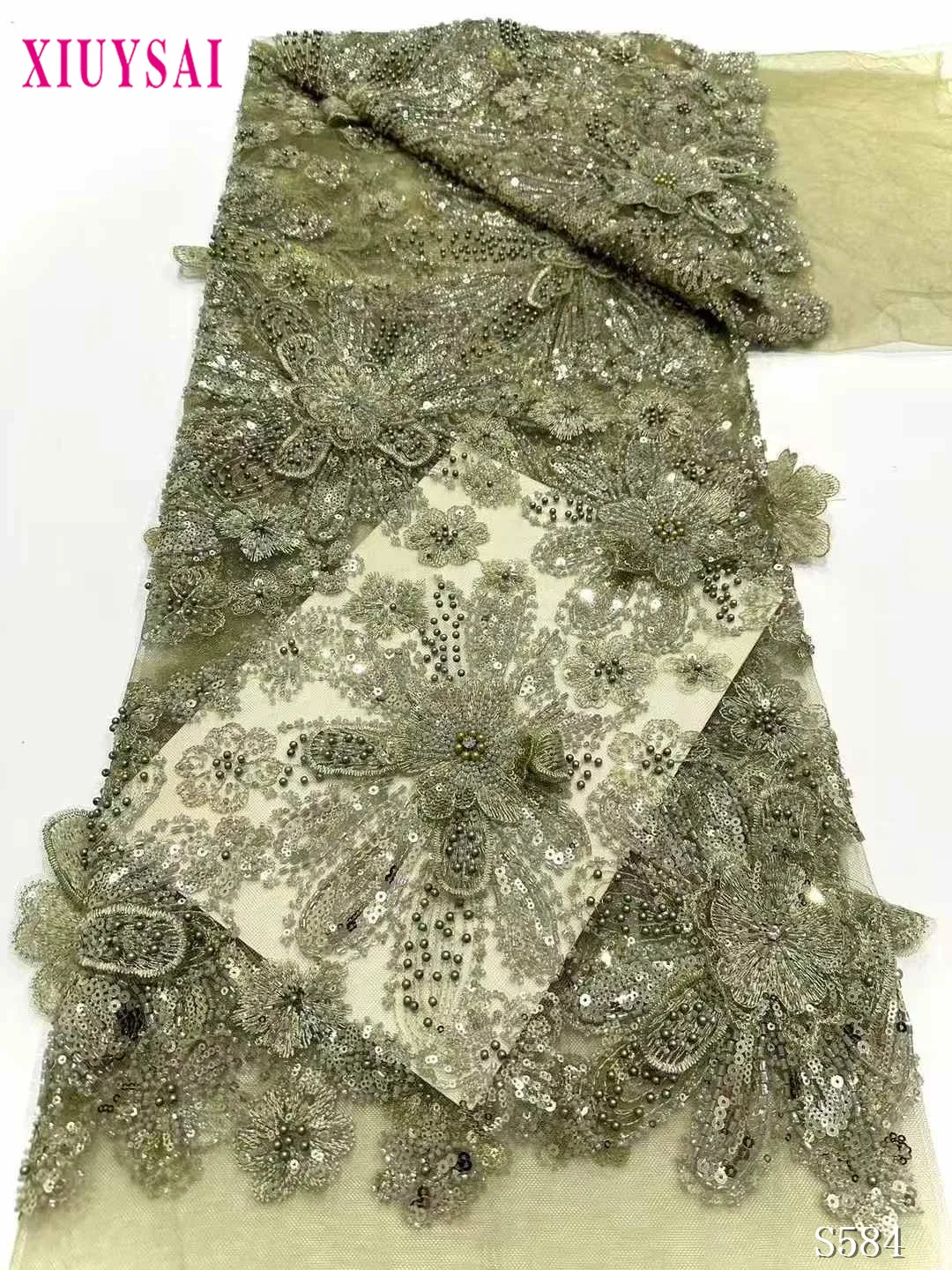 Luxury 2024 Latest French 3D Beaded Tulle Lace Fabric High Quality African Net Lace Fabrics With Sequins For Evening Dresses #6