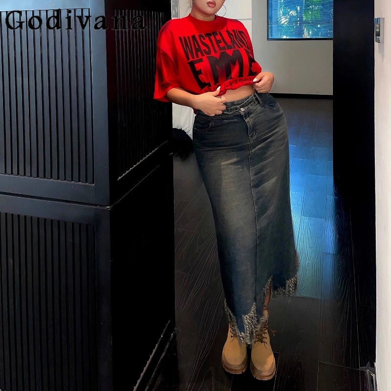 

Women's Large Size A-line High Waist Retro Tassels Denim Skirt 2025 Summer New Classic Blue Versatile Age-reducing Long Skirts