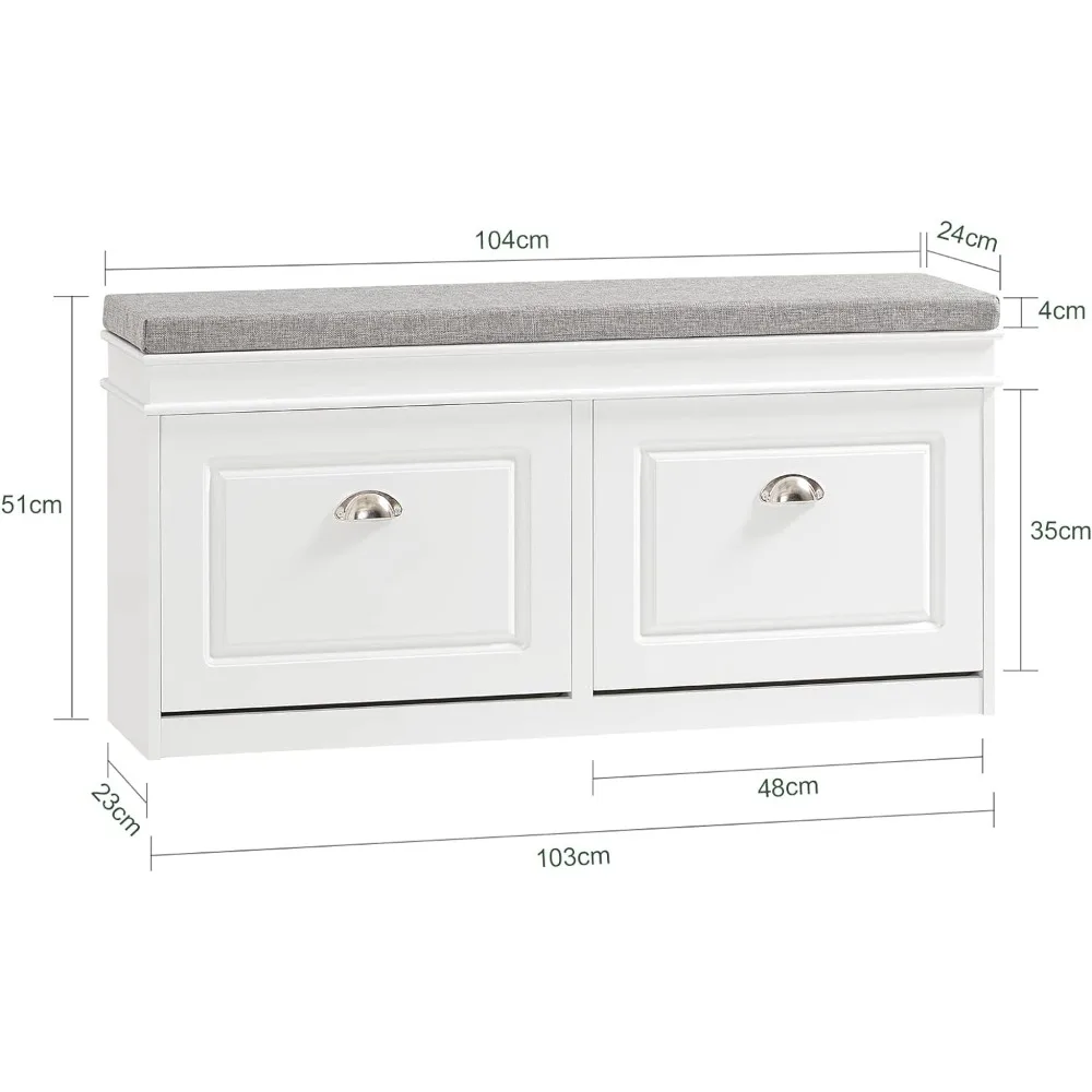 Haotian FSR64-W, White Storage Bench with Drawers & Padded Seat Cushion, Hallway Bench Shoe Cabinet Shoe Bench