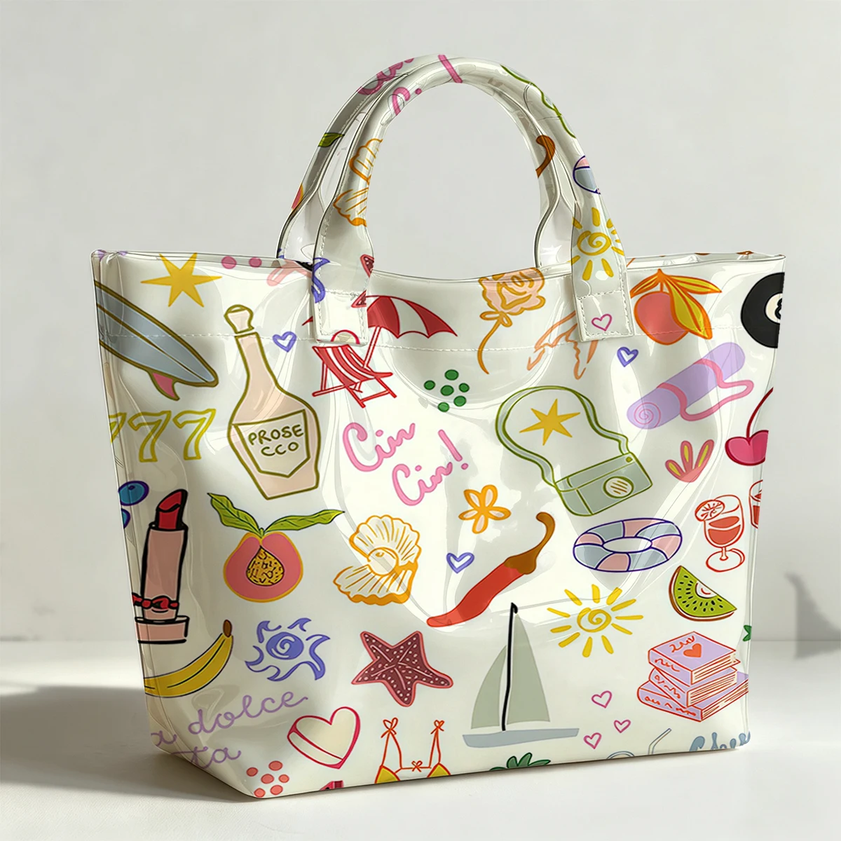 All the Fun Things PVC Tote Bag Waterproof Transparent Jelly Bag Beach Bag Tote Pouch Bow Handbags Storage Bag