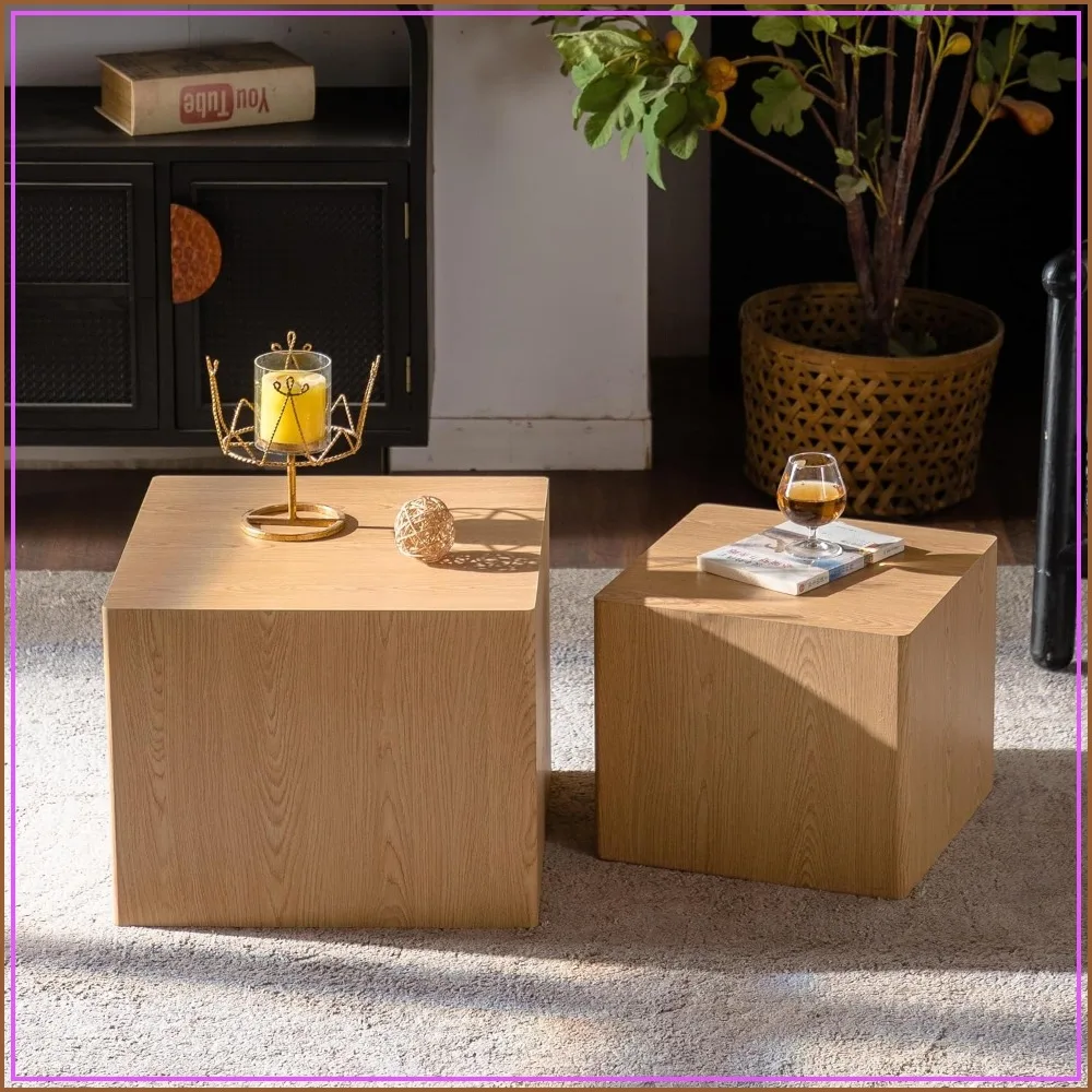 Set of 2 Wood Grain End Table Set Nesting Cube Small Spaces, Living Room, Bedroom