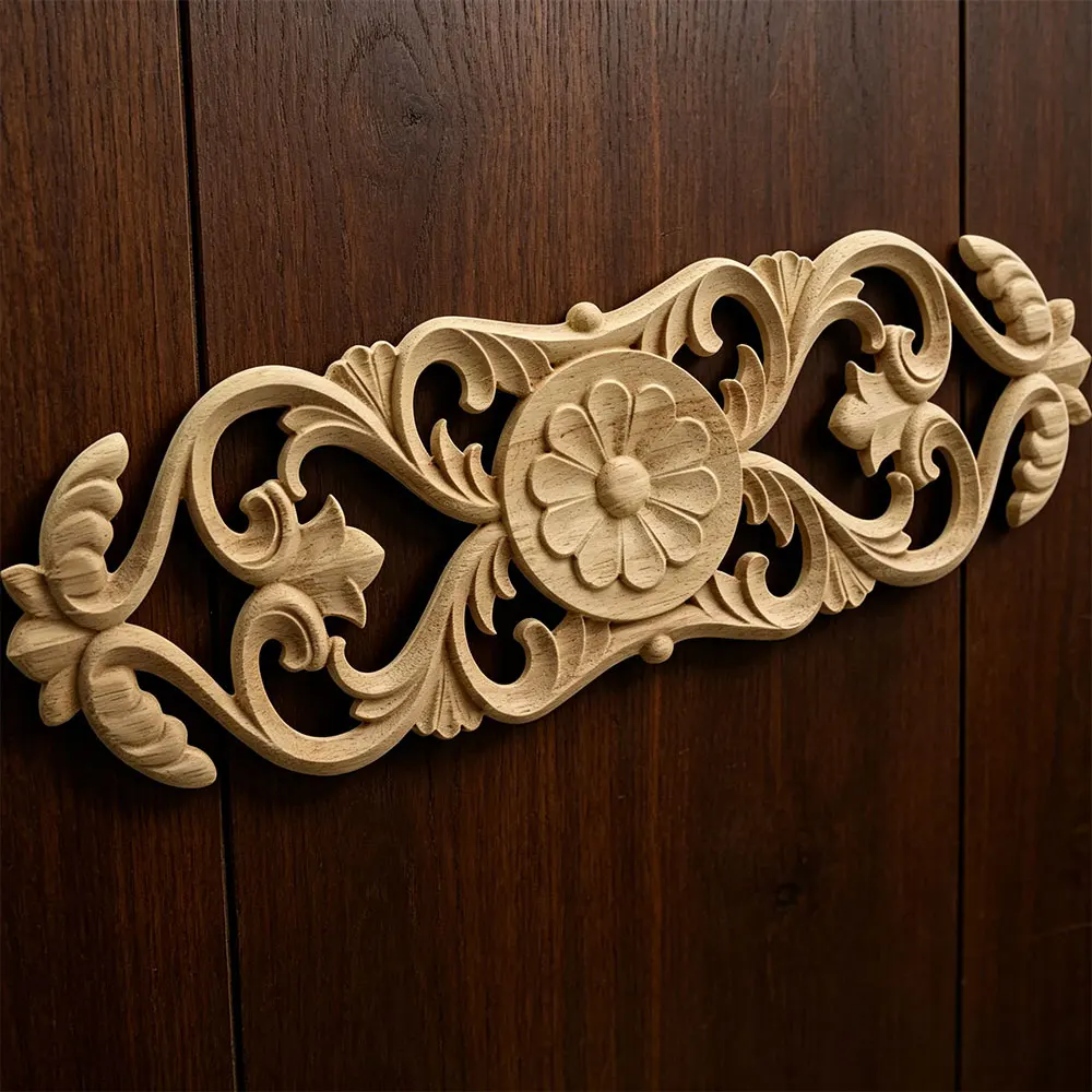 

2PCS Wood Figurines Mouldings Decal Carved Decor Modern Leaves Oval Flower Rubber Wooden Furniture Doors Walls Corner Home Decor