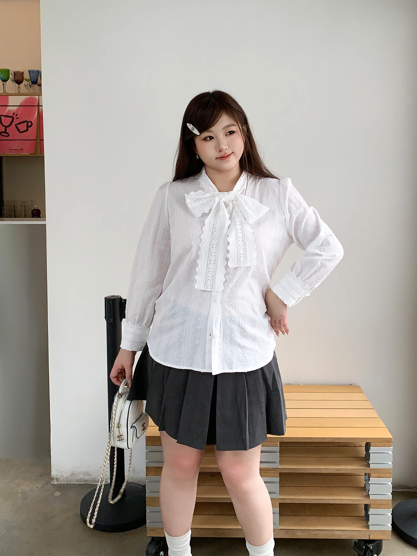 

YUZI White Long Sve irt Lace Slim Fit Design Waist Cinching Large Size Women's Faion French Sle Knot Design