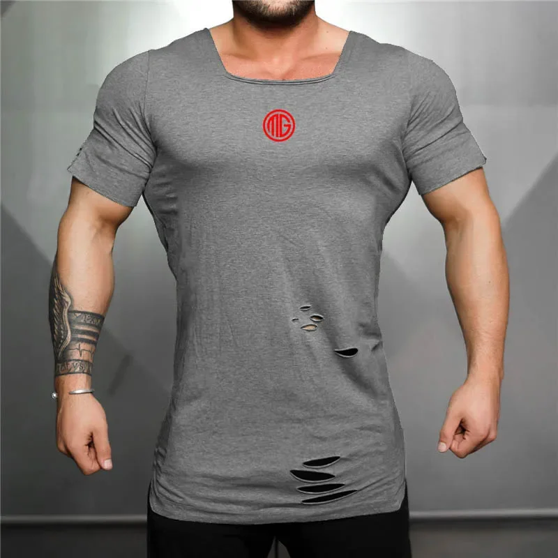 Muscleguys Brand Extend Long T Shirt Men Fashion Vintage Hole Fitness Tshirt Summer Short Sleeve Gyms Slim Fit T-shirt Hip Hop