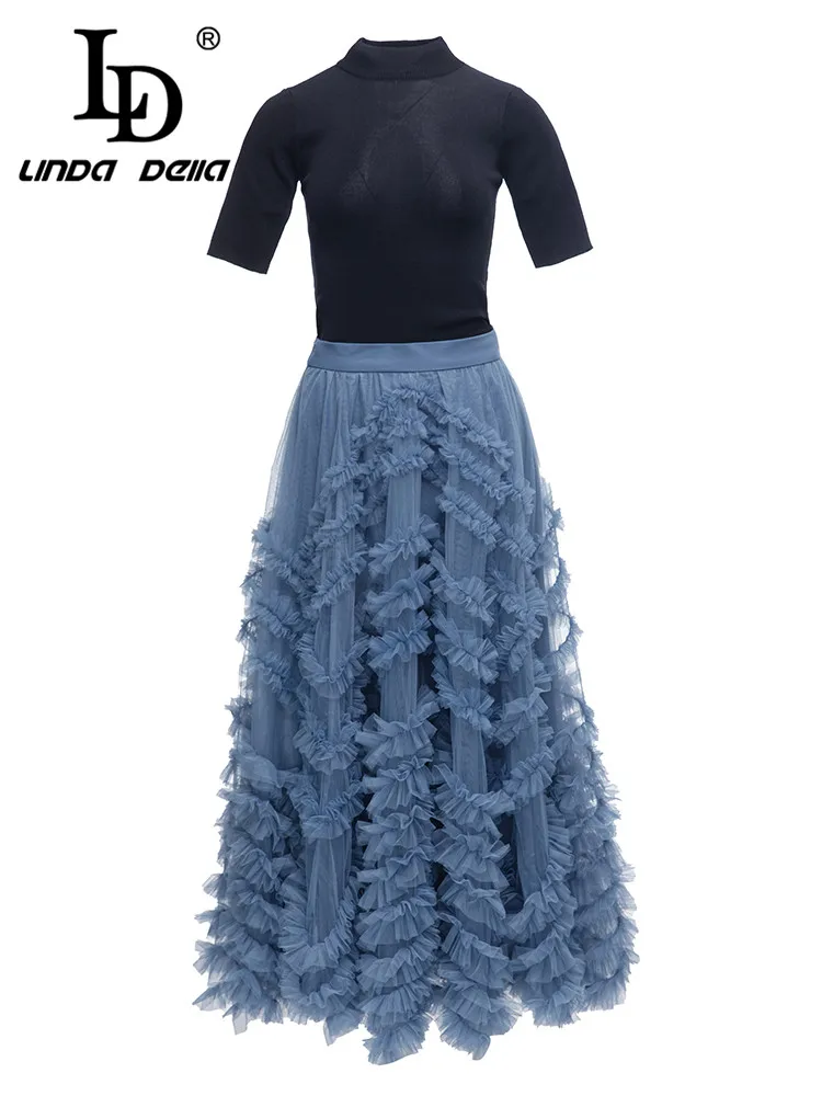 

LD LINDA DELLA Summer Fashion Designer Vintage Skirt Set Women Black O Neck Top+Elastic Waist Crumple Dissymmetry 2 Pieces Set