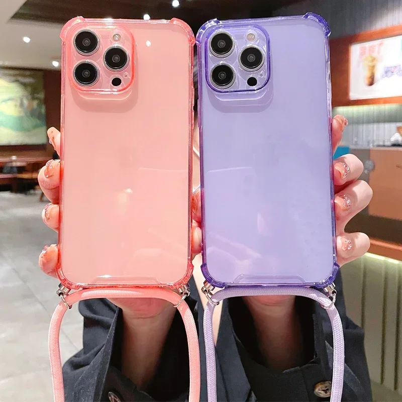 Crossbody Lanyard Clear Case For iphone 16 15 14 13 12 Mini 11 Pro XS Max Plus X XR Shockproof Silicone Soft TPU Back Cover