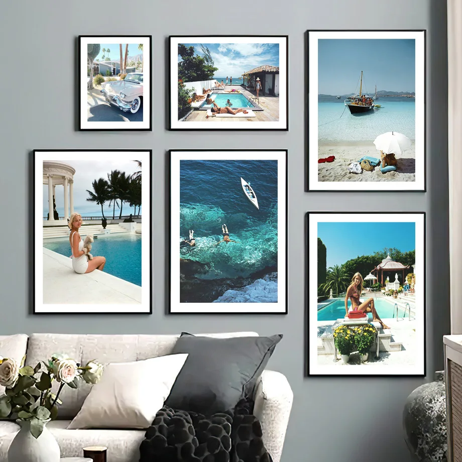 Vintage Retro Tropical Wall Art Canvas Poster Print Beach Pool Yacht Sailboat Island Summer Luxury Travel Living Room Home Decor