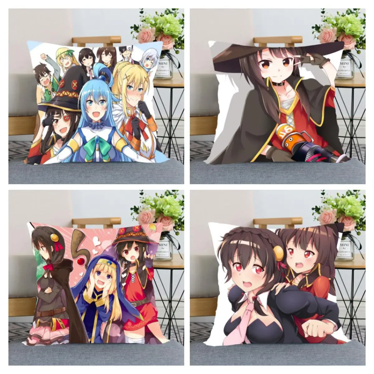 New Arrival Konosuba Anime Girl Pillowcase Bedroom Home Decorative Gift Pillow Cover Square Zipper Pillow Case Satin Fabric Soft