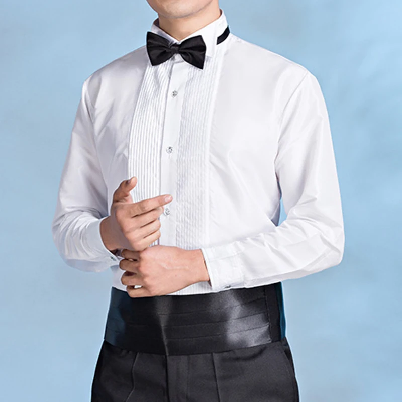 Men White Wedding Shirt With Bowtie Long Sleeves Front Pleated Mens Banquet Dress Shirts Bridegroom