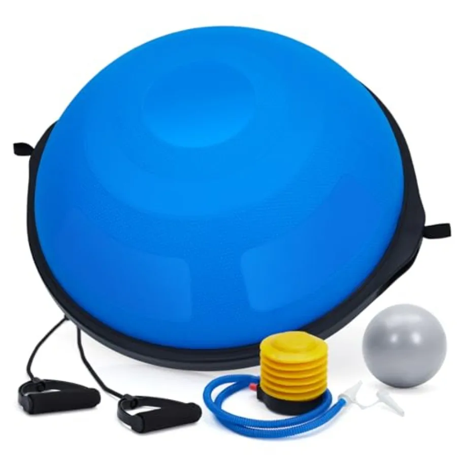 

Balance Ball for home gym use PVC material blue 1600 lbs capacity with nonslip base and included resistance bands