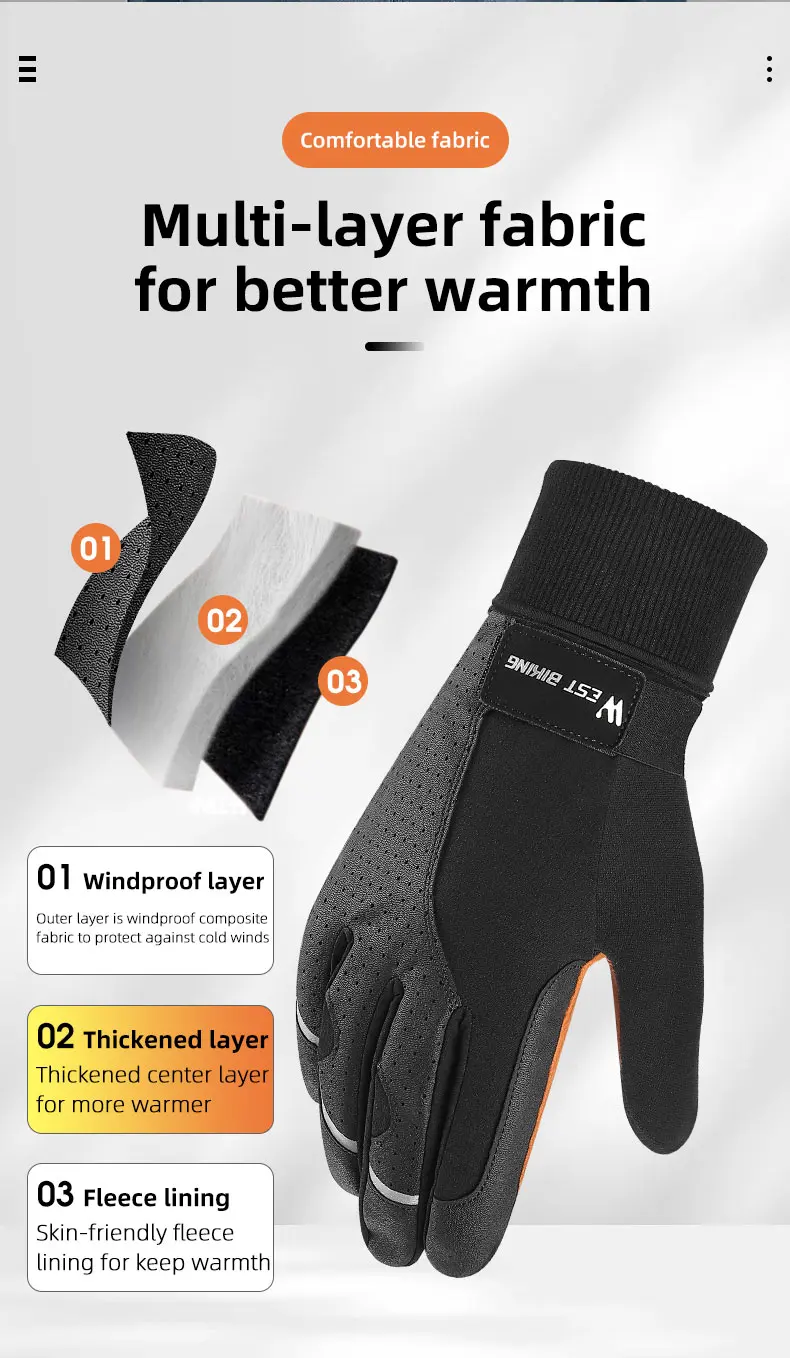 WEST BIKING Winter-Thermo-Fahrradhandschuhe für Herren, winddicht, mit Fleece, Touchscreen-fähig, aus PU-Leder, stoßdämpfend, mit SBR-Anti-Rutsch-Beschichtung, lange Manschetten. – Detail 6