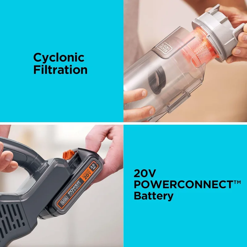 BLACK+DECKER POWERSERIES+ 20V MAX 무선 진공 청소기, LED 바닥 조명으로 충전식 스틱 진공 청소기