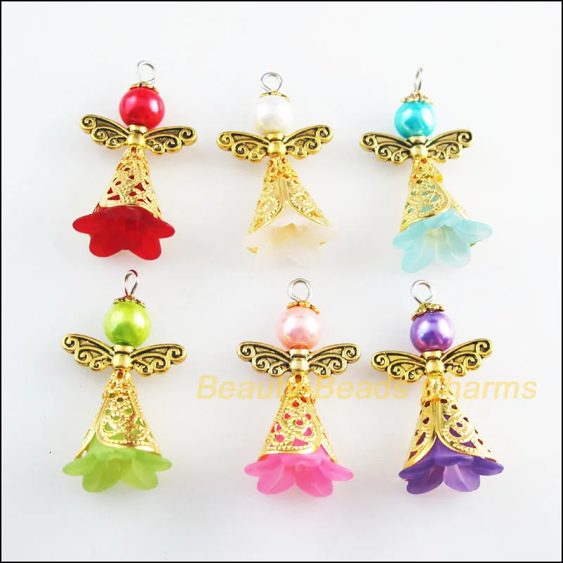 12Pcs Mixed Acrylic Angel Wings Antqiued Gold Color Charms Pendants 22x37mm