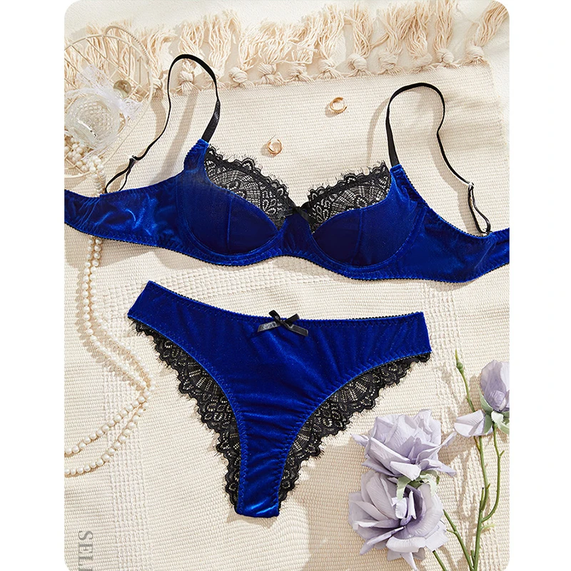 Autumn Sexy Female Lingerie Luxury Velvet Bra Set Lace Splicing Underwear 3-point Erotic Lingerie Comfortable Intimate Underwear